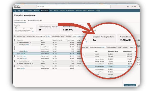 Exception management screenshot
